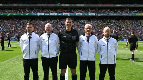 Tyrone referee Sean Hurson with his umpires Martin Coney, Mel Taggart, Cathal Forbes and Martin Conway before the GAA Football All-Ireland Senior Championship Final match between Kerry and Galway at Croke Park in Dublin. Photo by Ray McManus/Sportsfile
