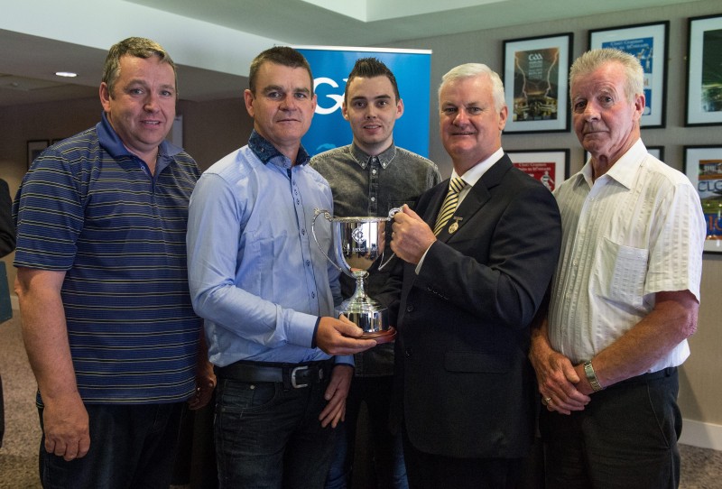 5 July 2015; Uachtarán Chumann Lúthchleas Gael Aogán Ó Fearghail with, from left, Michael Kerr, Brendan O'Neill, Marc McAvoy and Ignatious O'Neill at the dedication of the 'Andrew O'Neill Cup' - U-21 C. Six trophies were renamed in honour of some great servants of the Association. Andrew O'Neill was a young hurler from Naomh Colm Chille club in Clonoe, Co Tyrone, who died tragically in Liverpool in 2010. He played corner back on the Clonoe team that won their first championship in 2005. Dedication of GAA Hurling Trophies. Croke Park, Dublin. Picture credit: Ray McManus / SPORTSFILE *** NO REPRODUCTION FEE ***