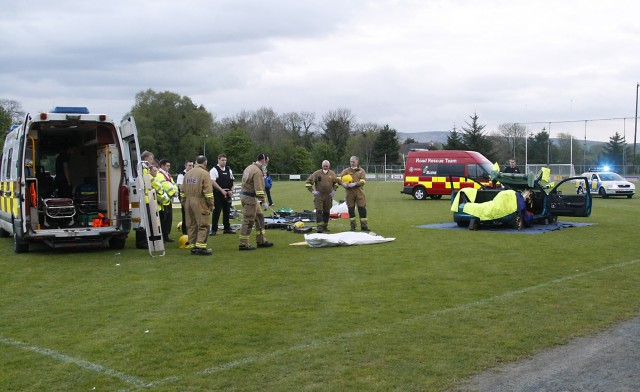 The scene at the 'Live to Play' demonstration in Killyclogher's playing grounds on Monday night to emphasis the dangers of what can happen when driving. The demonstration was attended by the N Ireland Fire and Rescue Serrvice; PSNI and Order of Malta. The event was was organised by the Ulster GAA Council and the Tyrone County Board with members of the  Gardai Siochana in attendence. The demonstration was attended by members from the Killyclogher club, Tattyreagh, Omagh, Drumragh and Loughmacrory